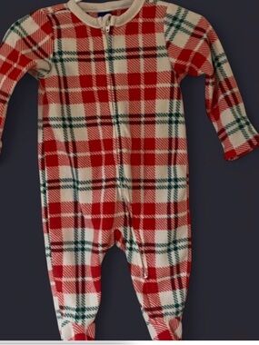 Old Navy Red, White & Green Plaid Holiday Kids One-Piece Footie 3-6 Months